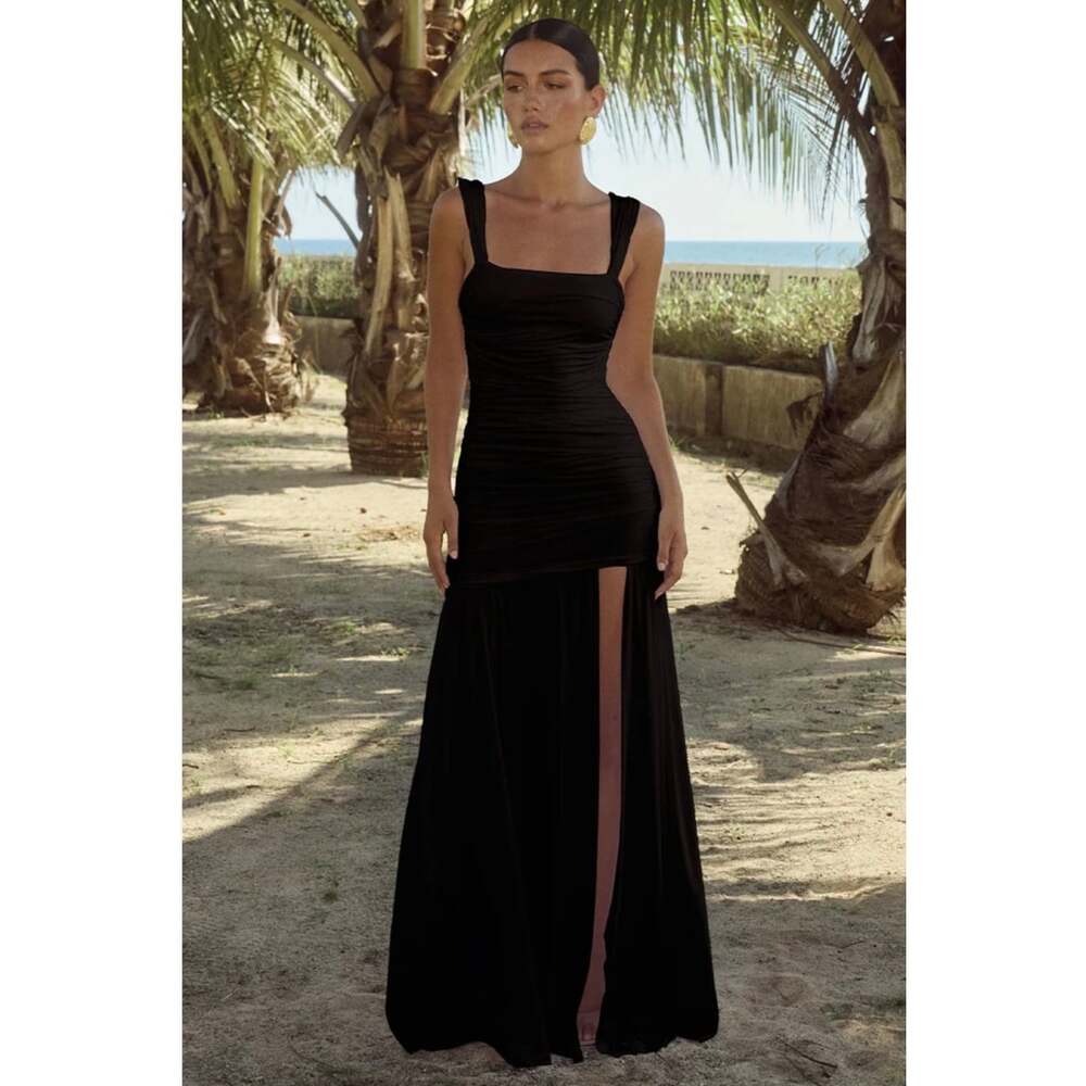 Runaway The Label Carly Maxi Dress M Black Ruched Square Neck High Slit Formal